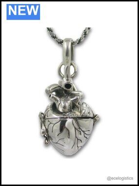 Pearlina Anatomical Heart Necklace Solid Sterling Silver 3D Antique Finish